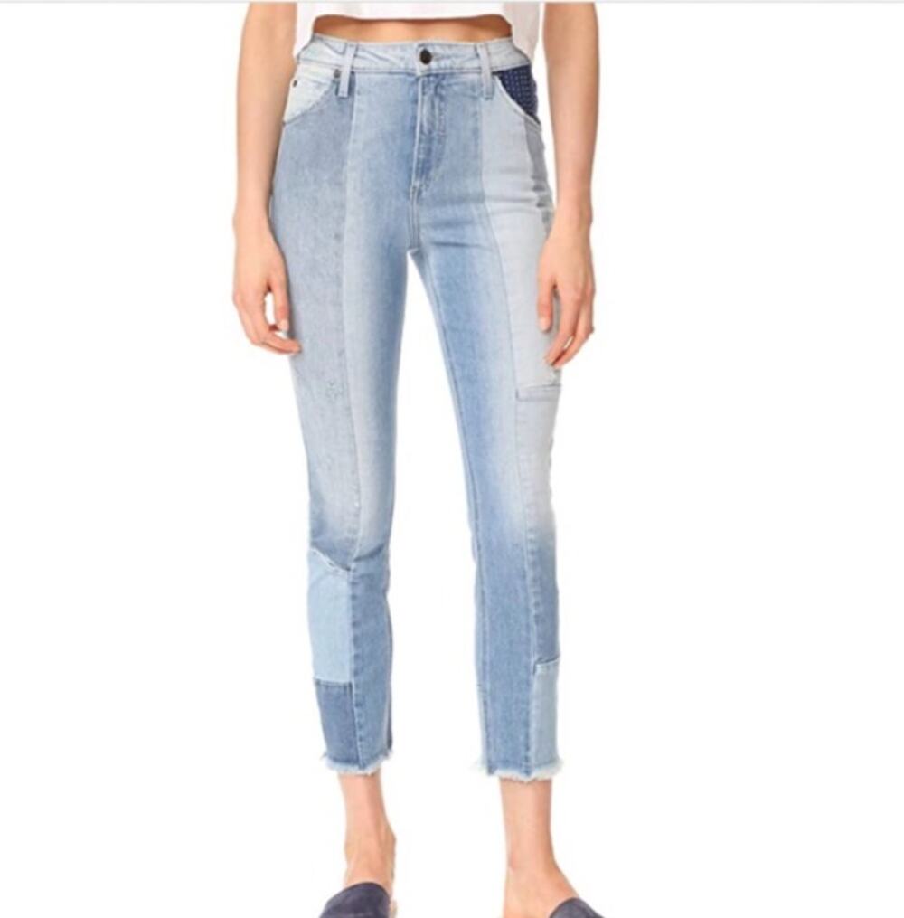 Joe's Jeans Blue Denim Patchwork The Bella High Rise Straight Crop Jeans 26